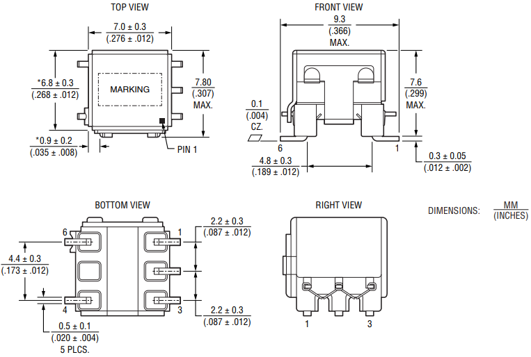 Mechanical Drawing - Bourns PKSEP6 SMD Transformers for Ultrasonic Sensors