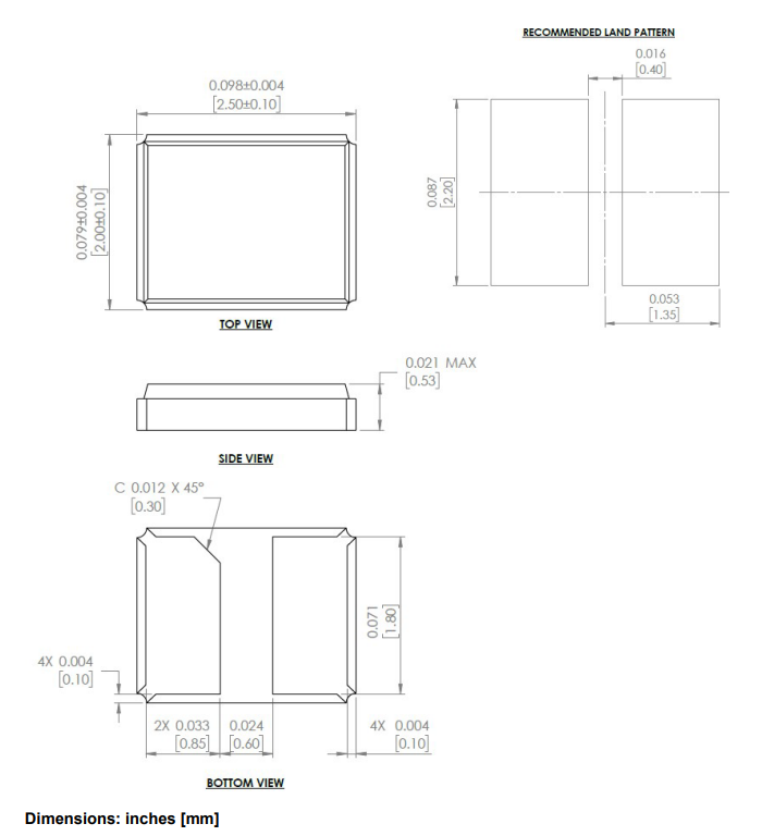 Mechanical Drawing - Abracon ABM10A Commercial-Grade 2-Pad MHz Crystals