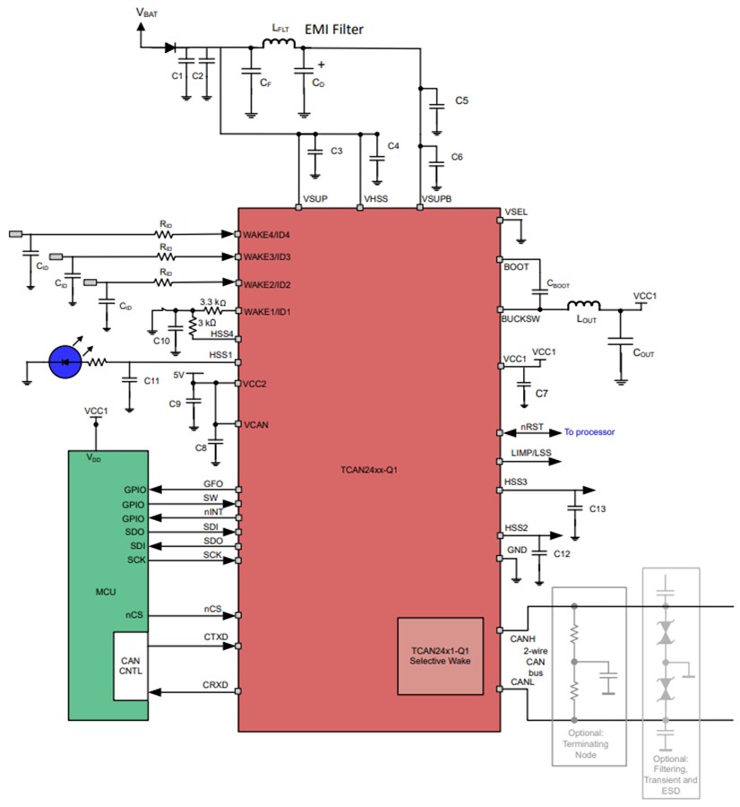 Application Circuit Diagram - Texas Instruments TCAN245x-Q1 SIC CAN FD System Basis Chip (SBC)