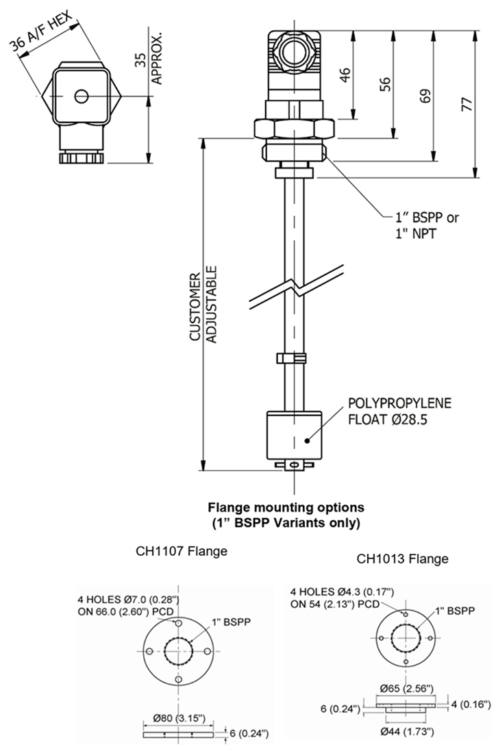 Mechanical Drawing - Amphenol Rochester Sensors T/LL122 Adjustable Vertical Float Switches