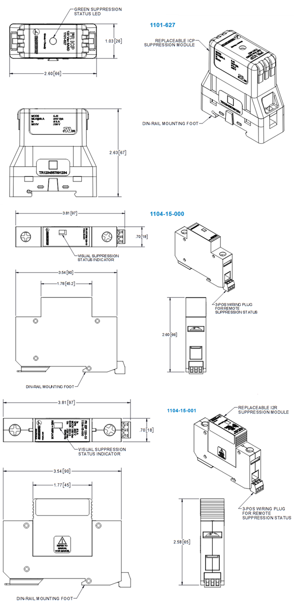 Mechanical Drawing - ZZZ-Transtector I2R DIN-Rail AC Surge Protectors (SPDs)