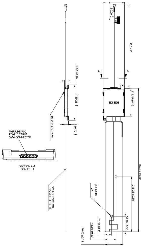 Mechanical Drawing - Taoglas MA2332 Watson Triband Transparent Film Antenna
