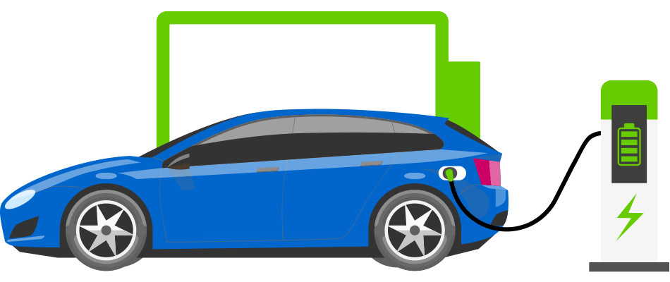 animation of a battery for an electric car being filled while plugged into a charging station