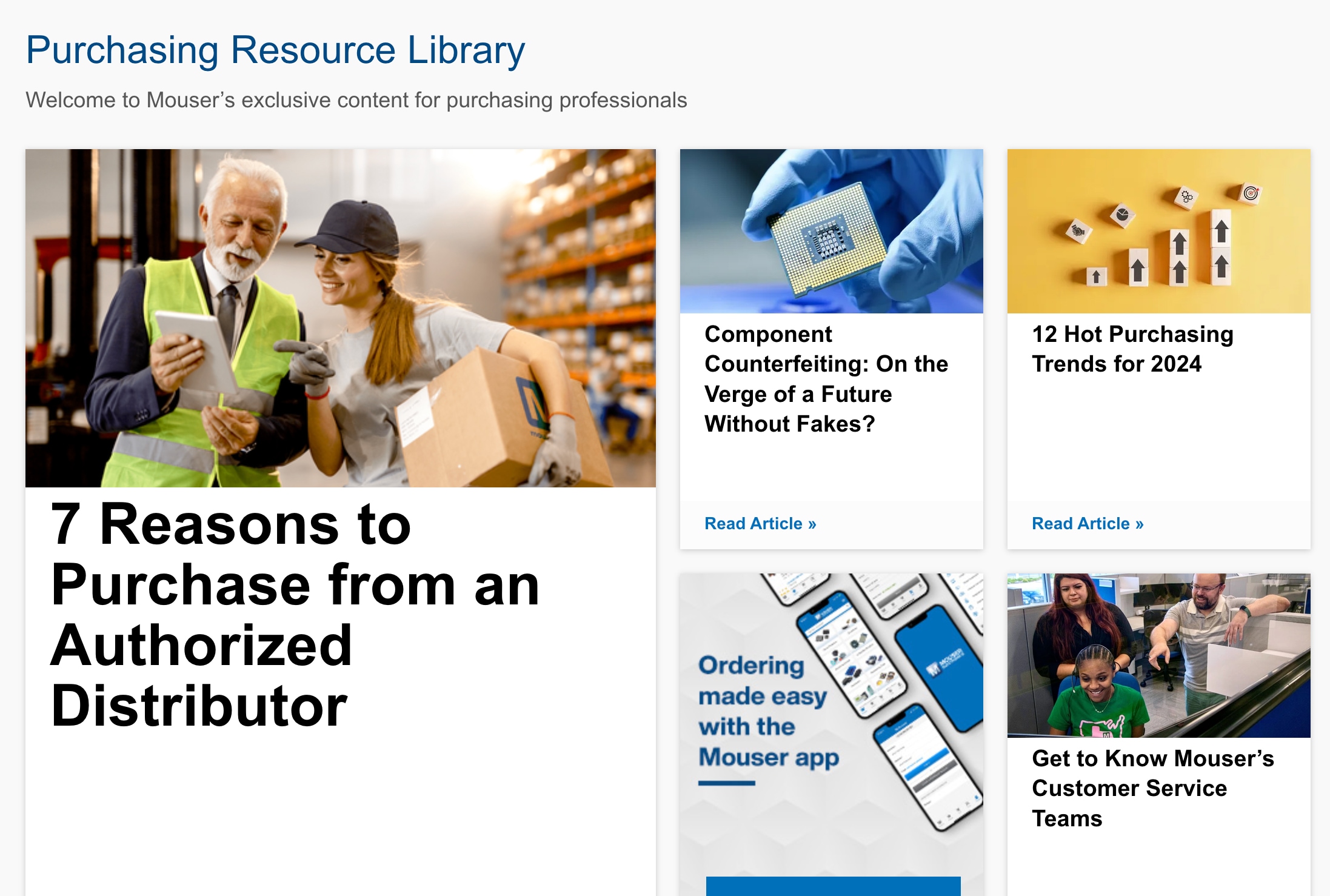 Various articles and images from the Purchasing Resource Library